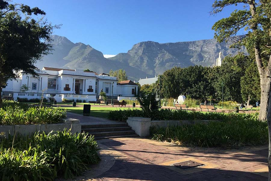 A white building with columns stands in Cape Town’s Company’s Garden, surrounded by green park pathways, benches, and trees. Mountains rise in the background under a clear blue sky.