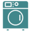 Icon of a washing machine with a front-loading door, two control buttons, and a circular window in the center, depicted in a solid teal color and minimalist style.