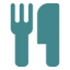 A teal icon of a fork and knife placed side by side, representing food or dining.
